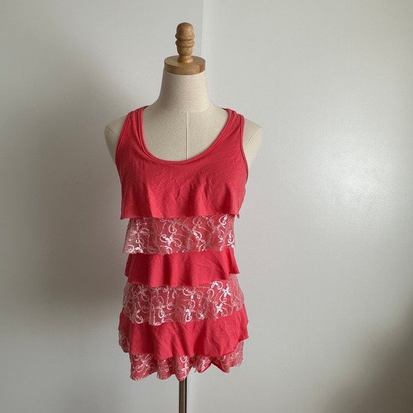 Rainbow Y2K Ruffle Tank Top Coral Sleeveless Lace Trim Casual Summer Cute - Picture 1 of 5